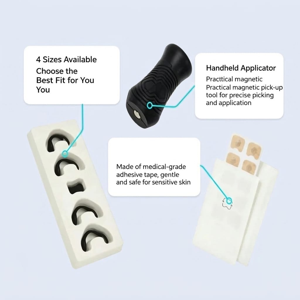 4 band sizes, magnetic applicator, and medical-grade adhesive tape