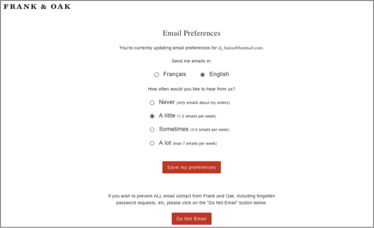 Frank & Oak Email-Einstellungen und Abmeldeseite