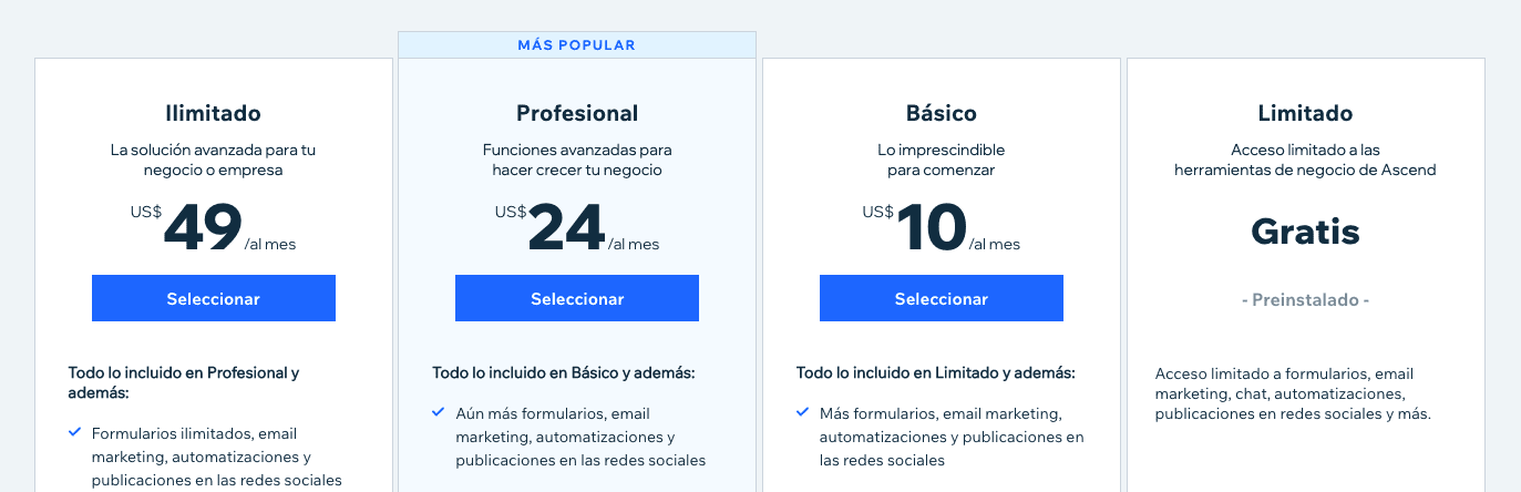 Los precios y planes de Wix Ascend
