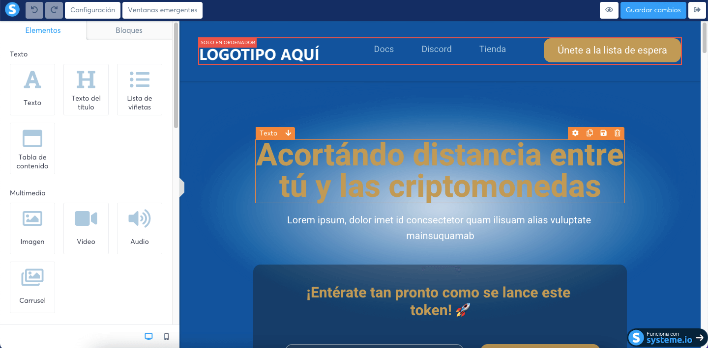 El creador de página de captura de systeme.io