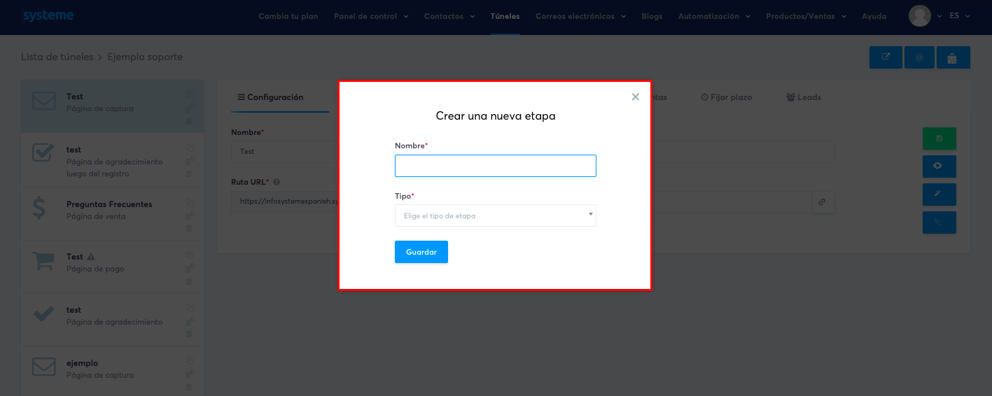 El panel de un túnel de ventas en systeme.io