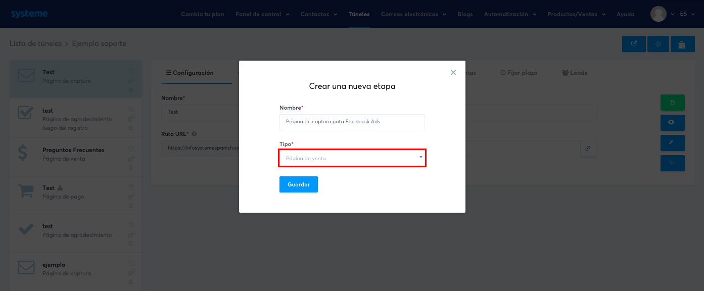 Seleccionando el tipo de página de captura en systeme.io
