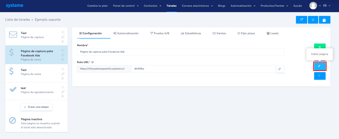 Panel de control de un túnel de ventas de systeme.io