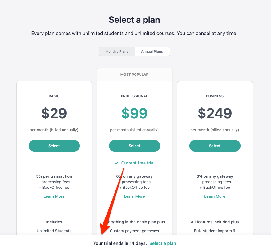 Teachable’s Preispläne (jährlich)