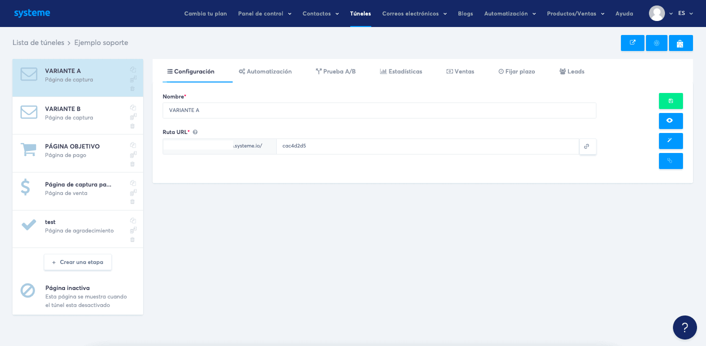 El panel de control de los túneles de venta de systeme.io