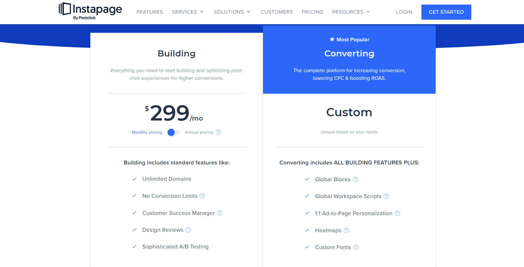 Los planes y precios de Instapage