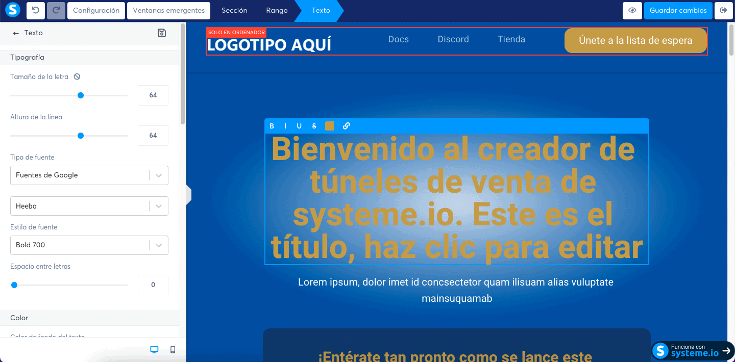 El creador de páginas de systeme.io