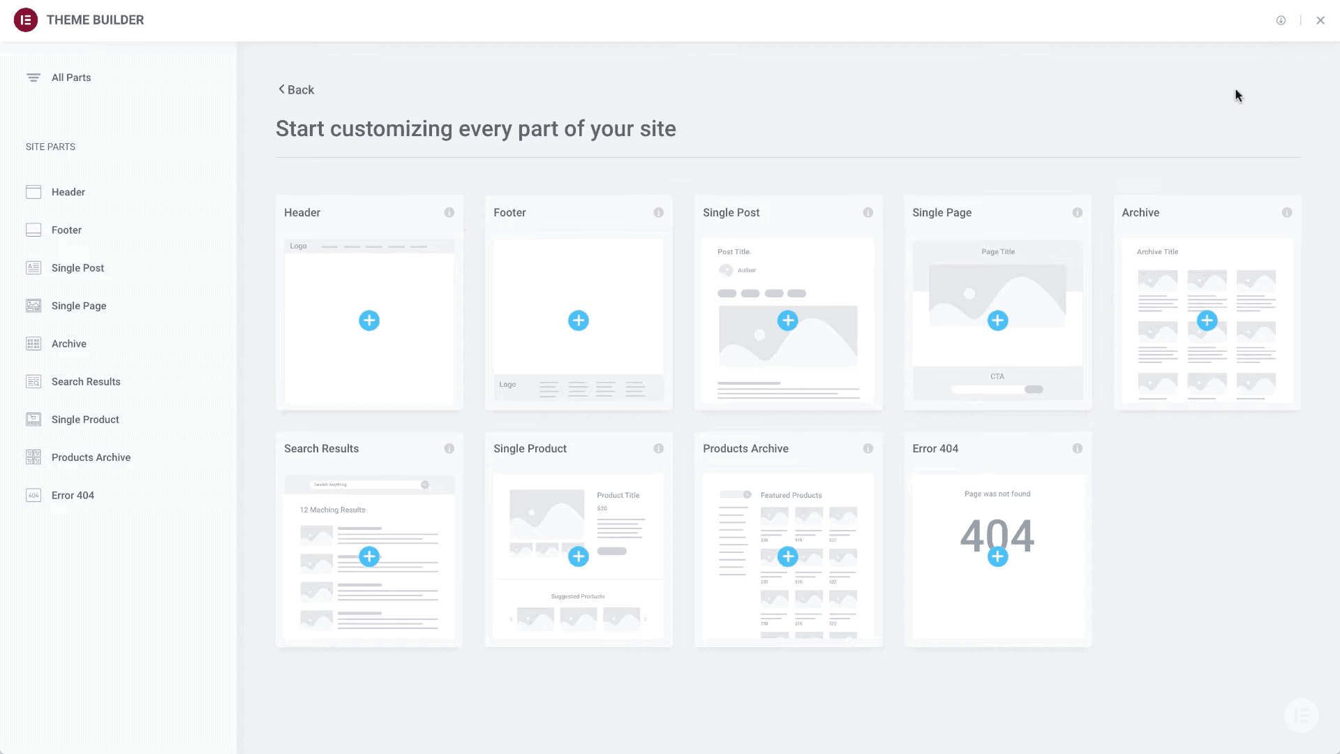 El panel del creador de temas de Elementor