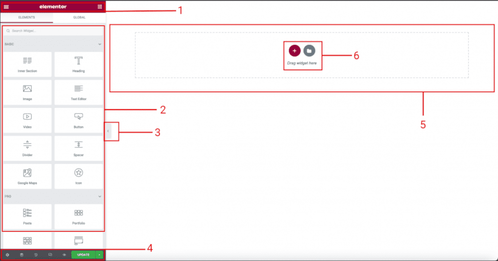 Las principales secciones del editor de Elementor