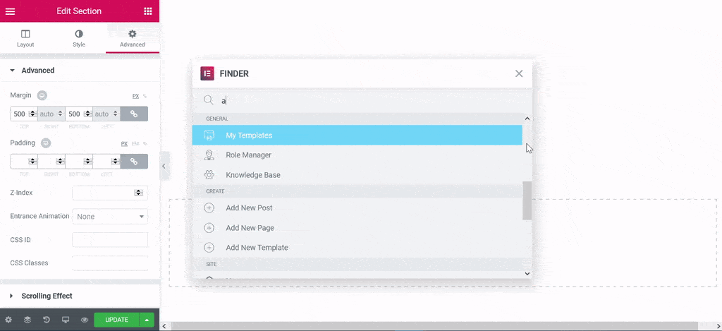 Un gif en el que se puede ver cómo utilizar la herramienta finder Elementor