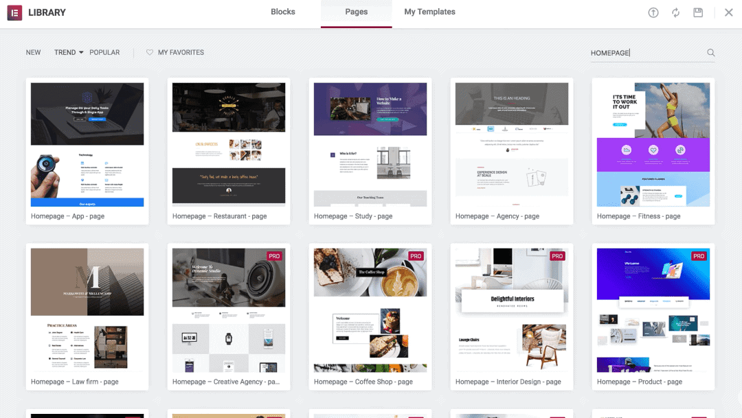 La biblioteca de plantillas de Elementor