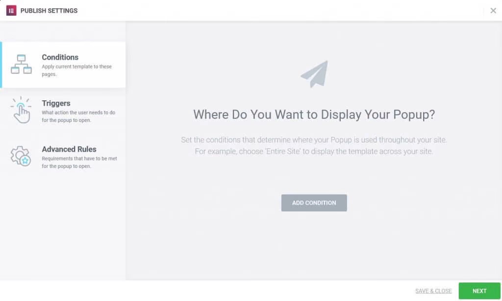 Configuración de la ventana emergente de Elementor