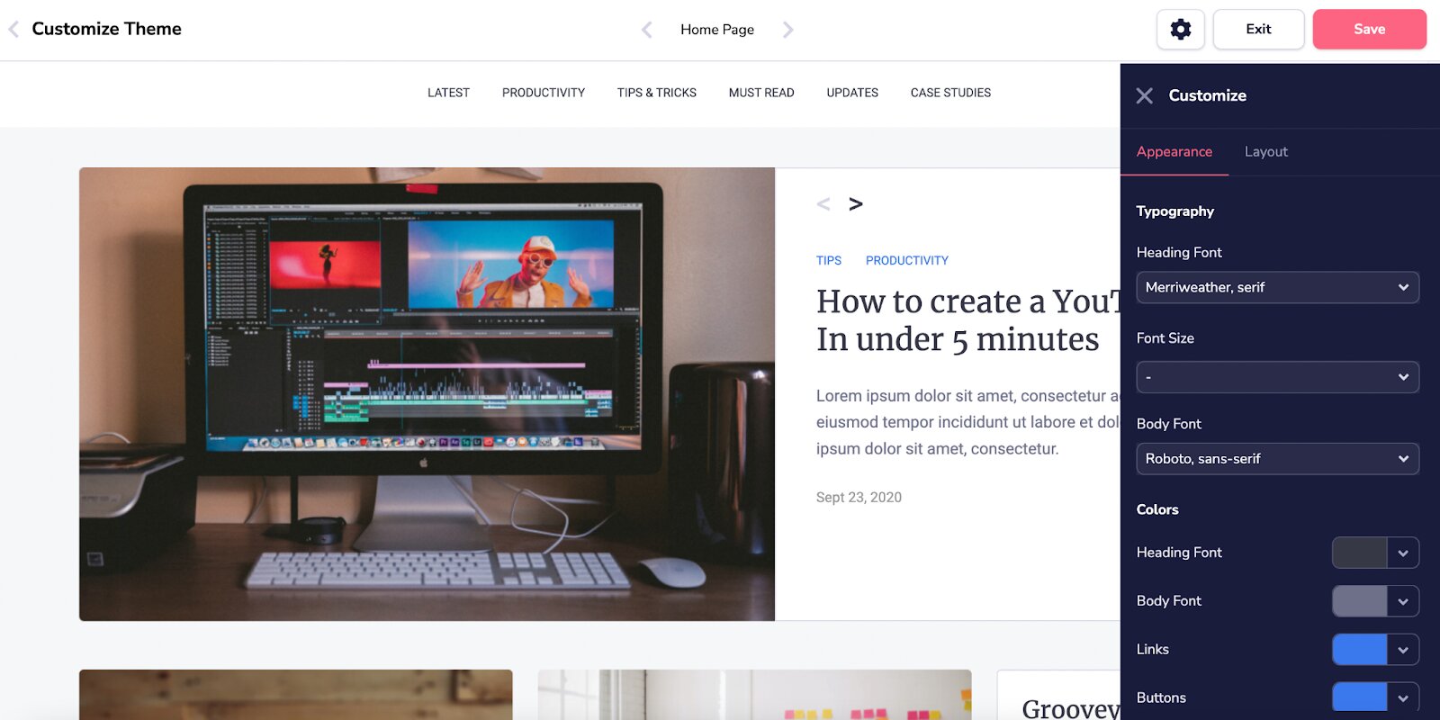 Ejemplo del editor de blog de GrooveFunnels