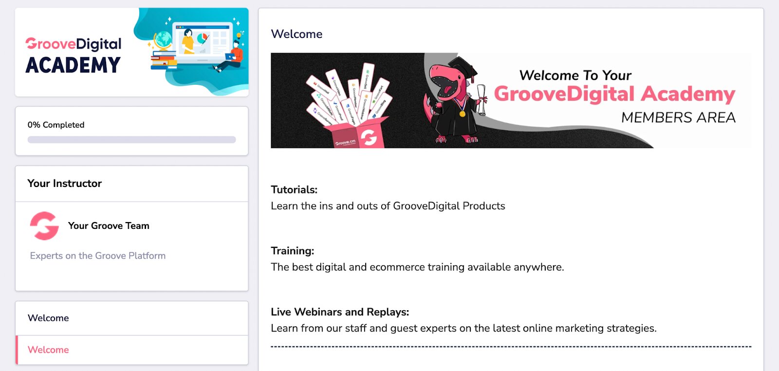 Panel de control del Digital Academy de GrooveFunnels