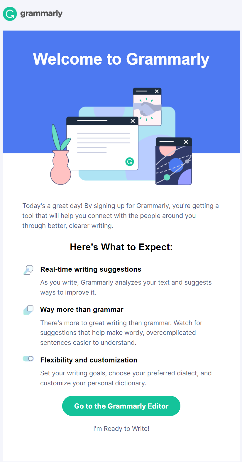 L'e-mail di benvenuto di Grammarly
