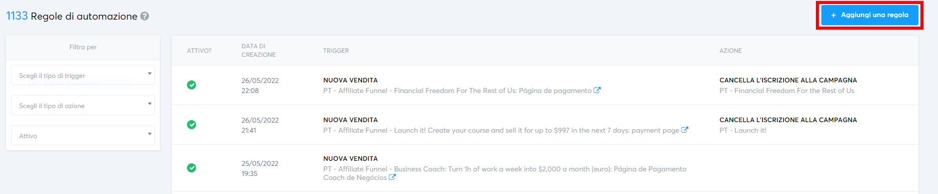 Aggiungi una regola di automazione con systeme.io