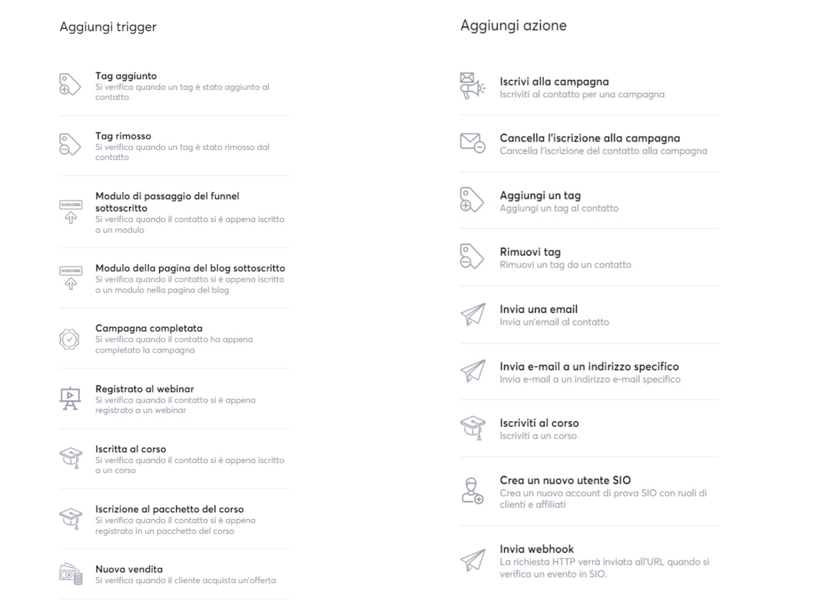 Aggiungere un trigger e un'azione con systeme.io