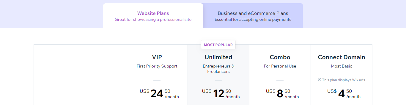 Piani tariffari per siti web di Wix