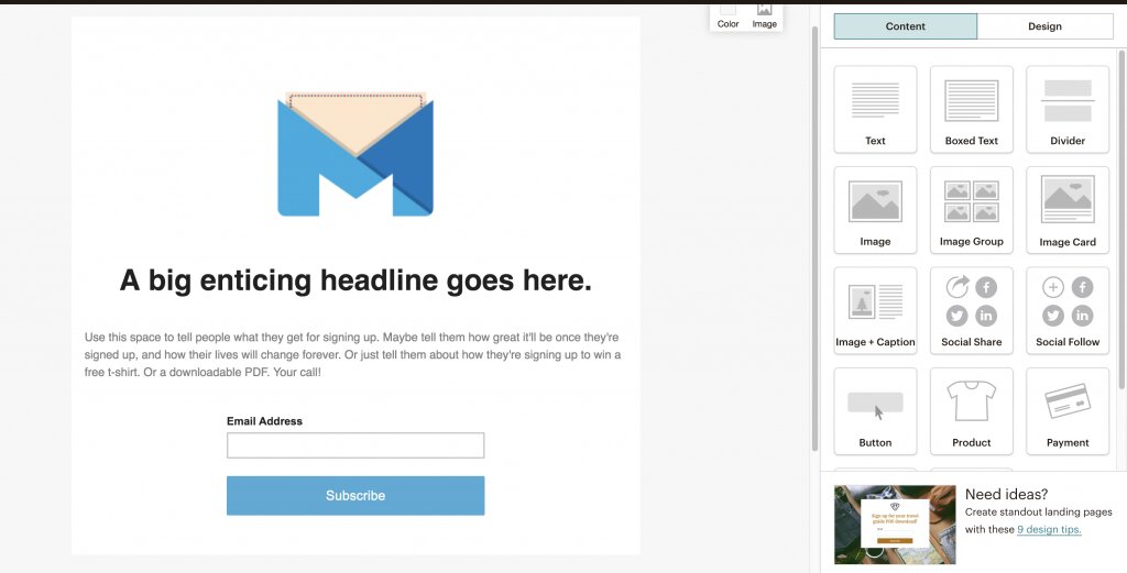 Creador de páginas de captura de Mailchimp