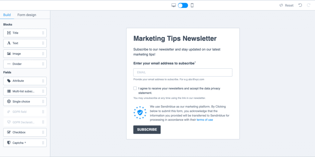 Creador de formularios de suscripción de Sendinblue