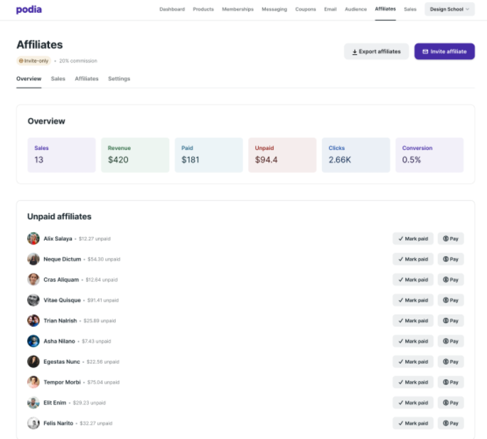 Dashboard di affiliazione di Podia