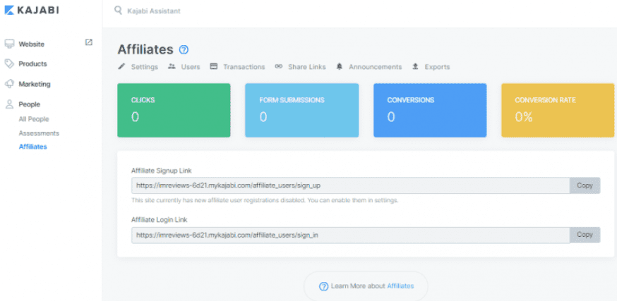 Dashboard di affiliazione di Kajabi