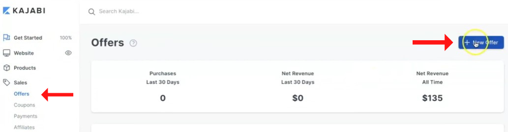 Página de ofertas de Kajabi 