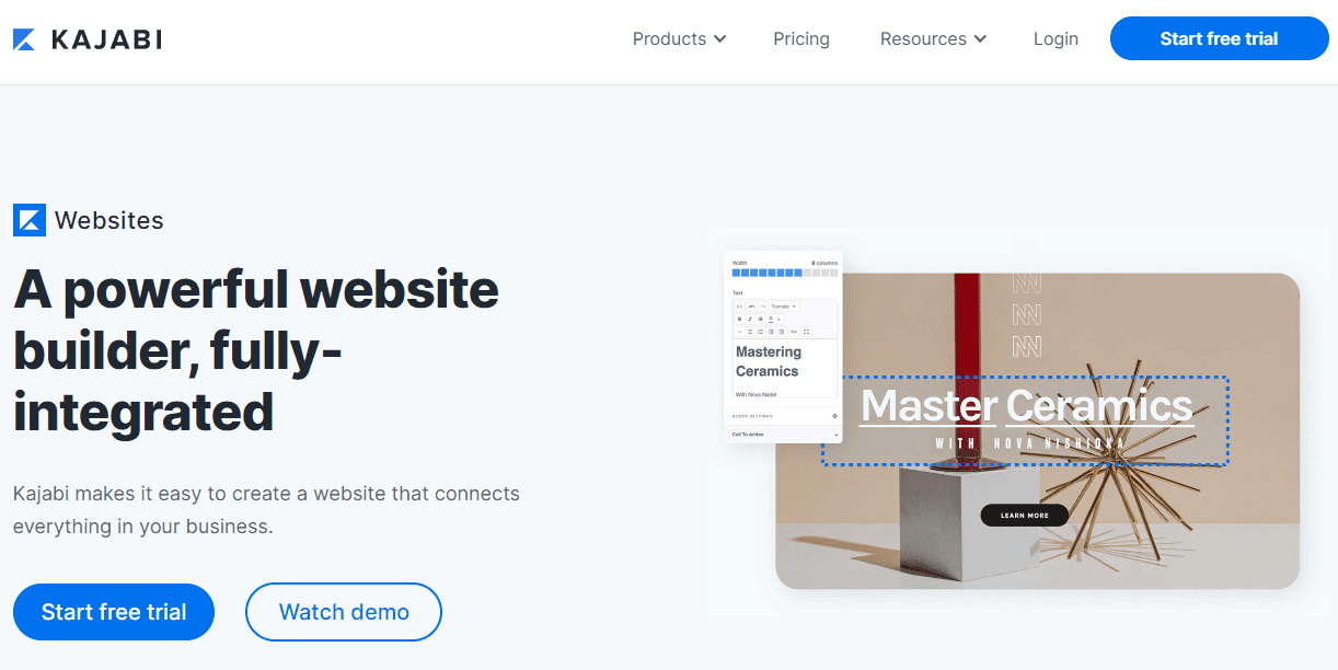 Página del creador de sitios web de Kajabi