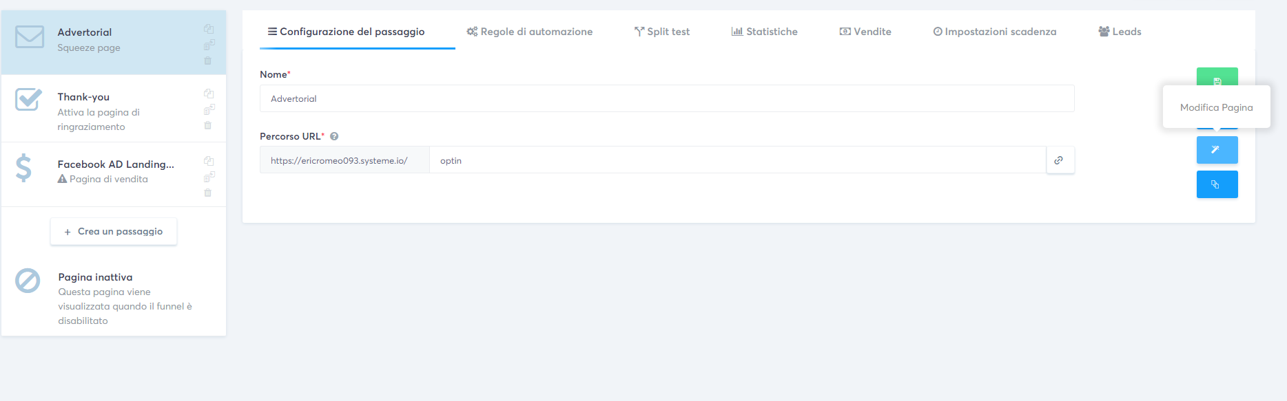 Dashboard del funnel di vendita di systeme.io