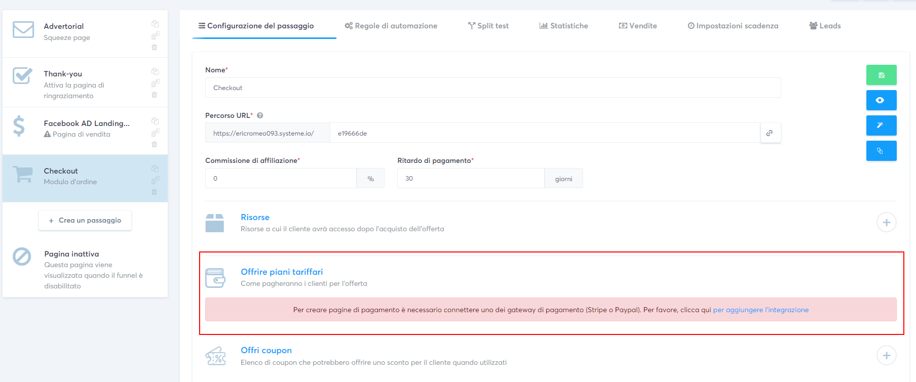 Aggiungere un piano di pagamento al funnel