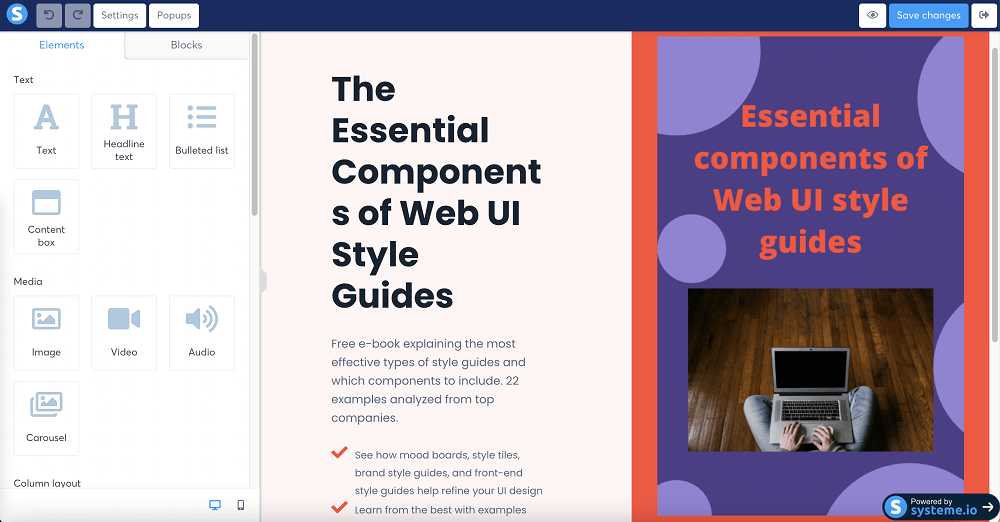 Esempio di editor di pagine di destinazione di systeme.io