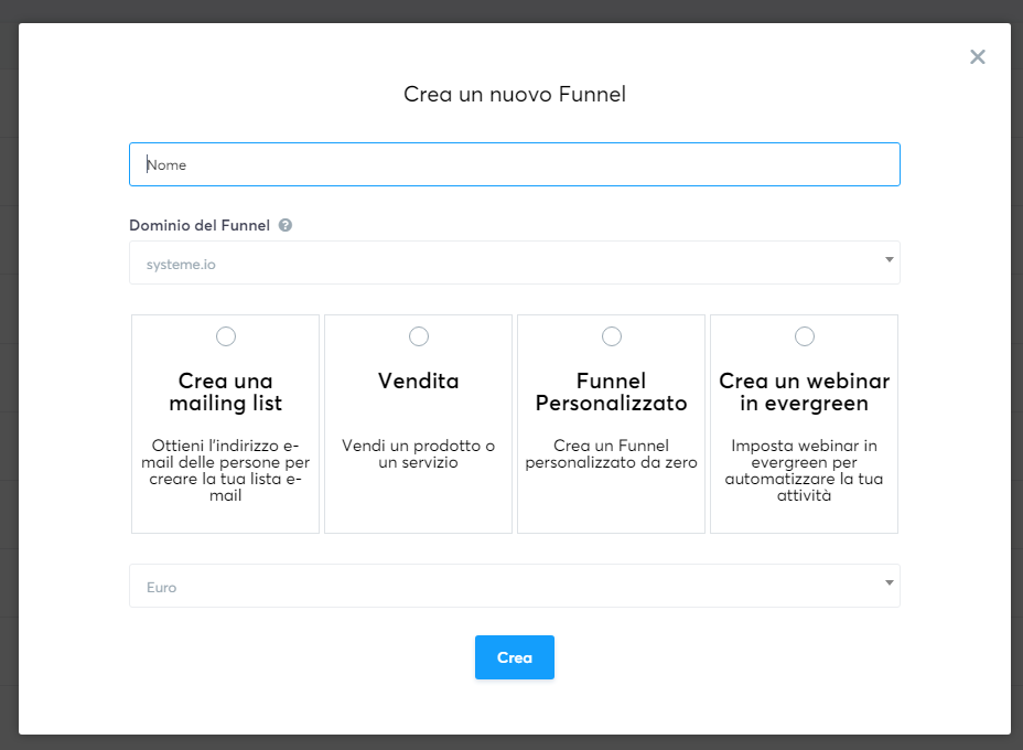 Le opzioni del funnel di systeme.io
