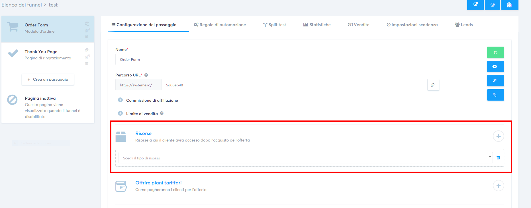 Aggiunta di risorse al modulo d'ordine
