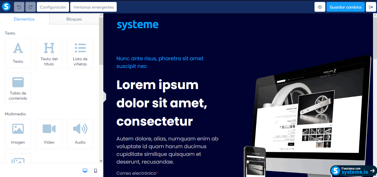 Editor visual de túnel de systeme.io