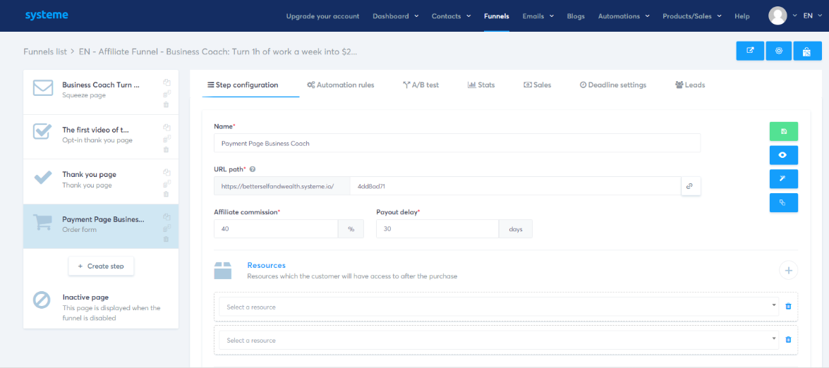 Die Funnel Seite von systeme.io