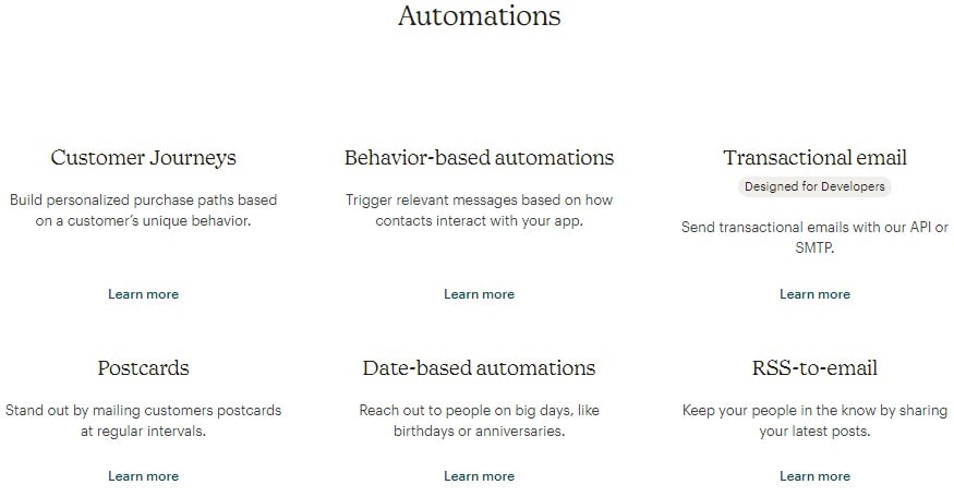 Página de automatización de Mailchimp
