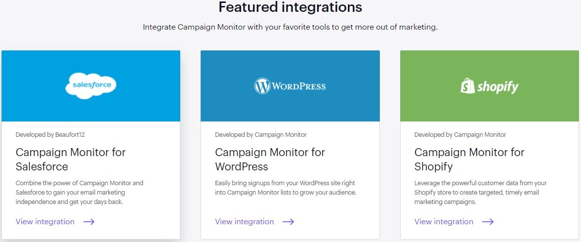 Página de integraciones de Campaign monitor