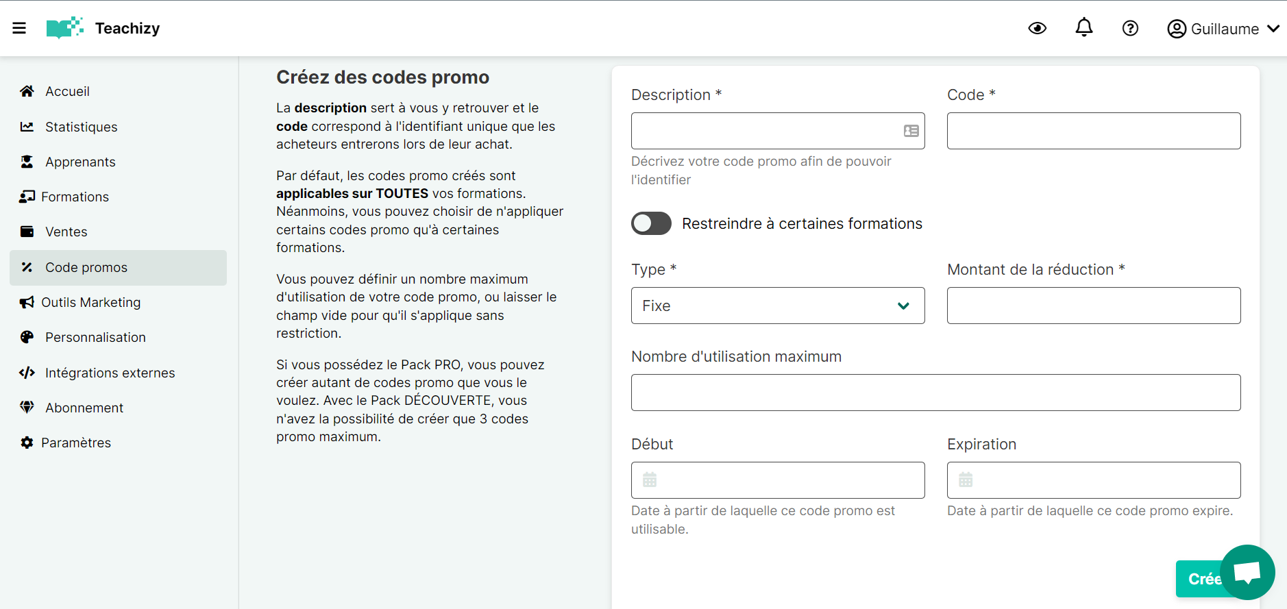 créer des codes promo avec teachizy