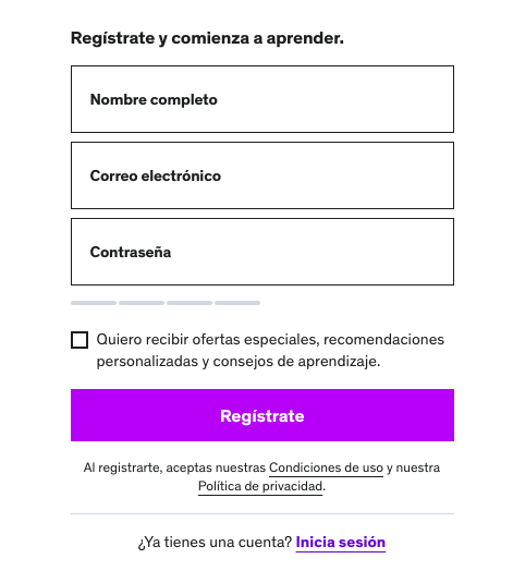 Formulario de registro de Udemy