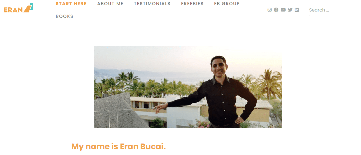 La página de inicio del sitio web de Eran Bucai