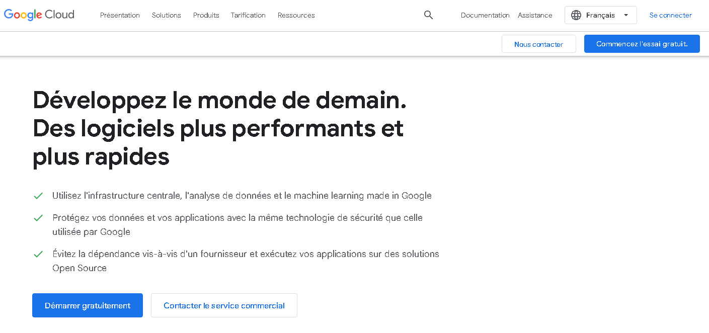 Exemple de promesse sur la landing page de Google Cloud
