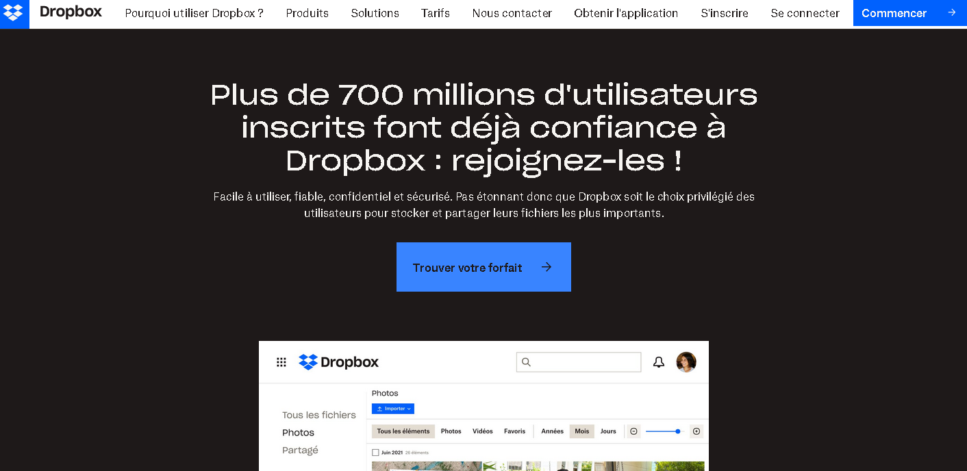 Exemple landing page de Dropbox