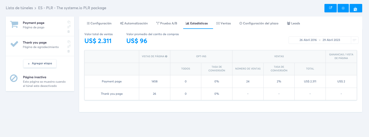 Resultados de la upsell de un paquete de cursos en systeme.io