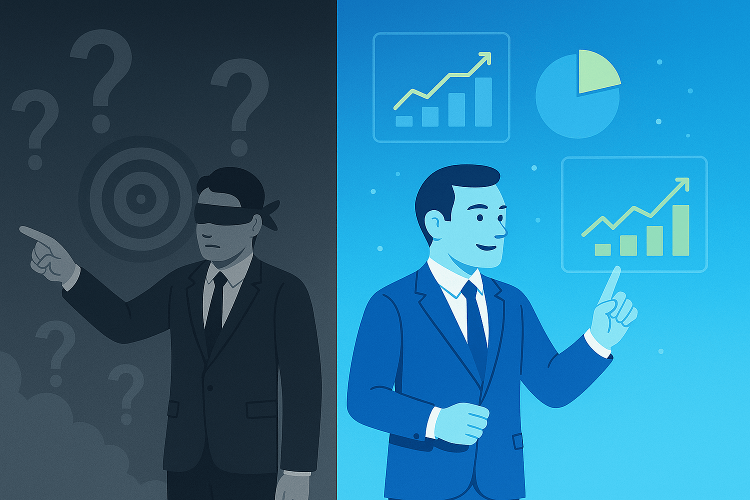 Split illustration contrasting guessing versus data-driven decisions