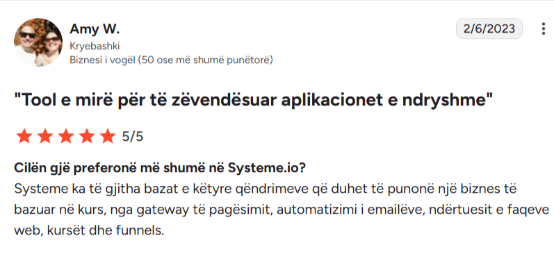 systeme.io customer testimonial with 5-star rating highlighting best value, affordability, and all-in-one business platform benefits