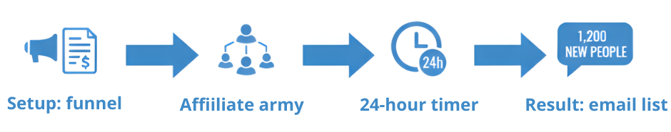 A 4-step virtual summit strategy blueprint by Emily Kim on systeme.io, showing the flow from funnel setup and affiliate army to the 24-hour timer and email list growth