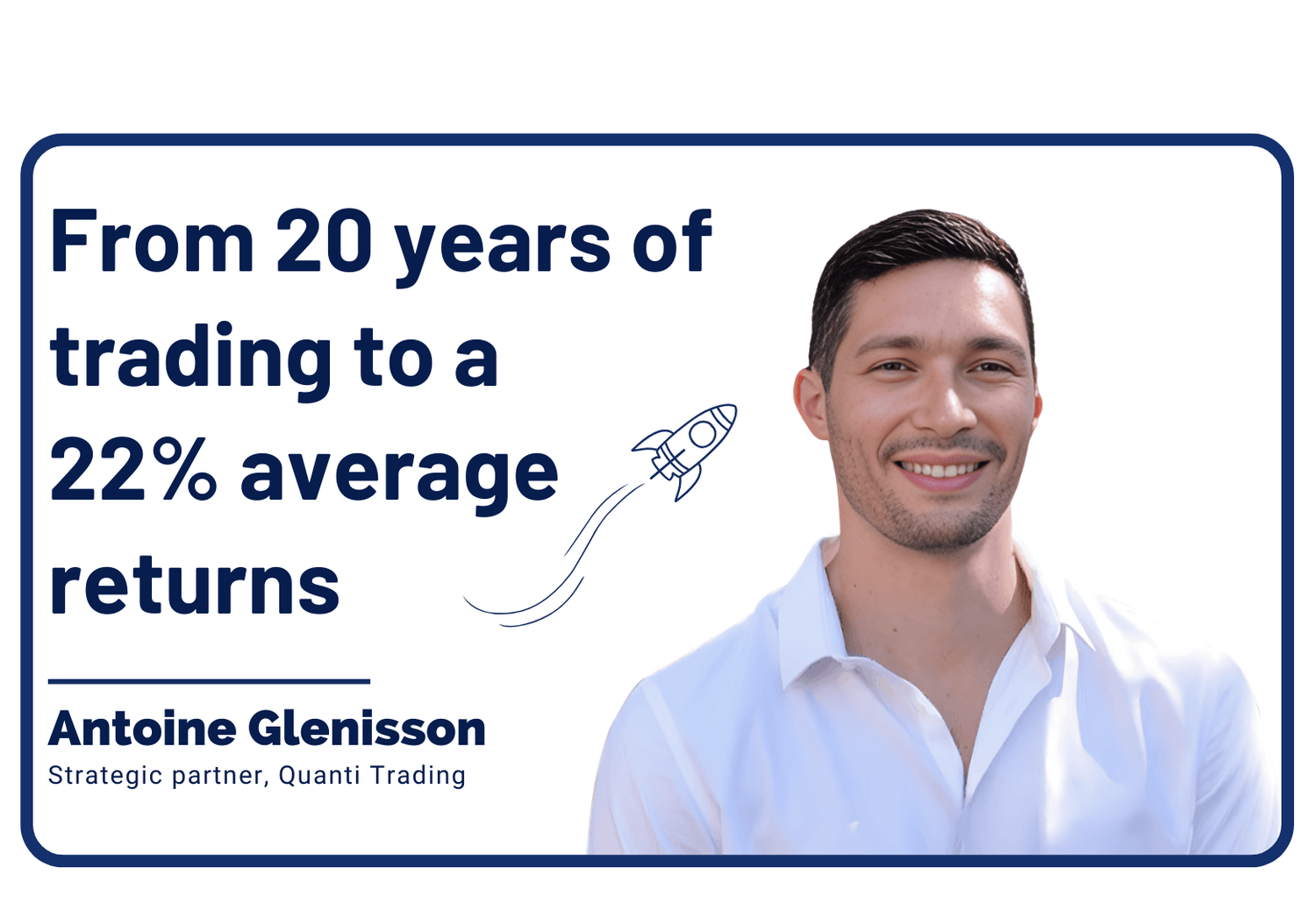 Antoine Glenisson success story cover for systeme.io, highlighting his transition from 20 years of trading to a global automated business with 22% average returns
