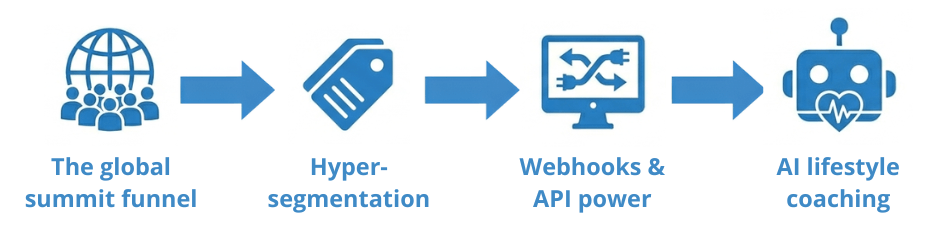Marketing strategy blueprint for Johannes Fisslinger, showing the automation flow from global summits and segmentation to AI health coaching on systeme.io