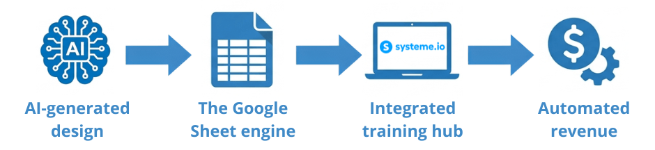 A 4-step AI business automation blueprint by Shawn Altman, illustrating the integration of AI-powered design, Google Sheets, and training hubs on systeme.io