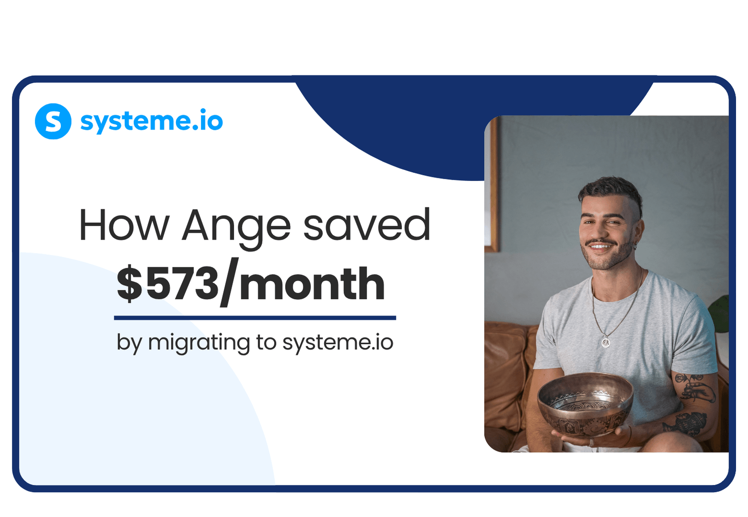 Ange Monitto, founder of Sound of Soma, who reduced his software costs by 97% by switching from Squarespace, Mailchimp, and Skool to systeme.io